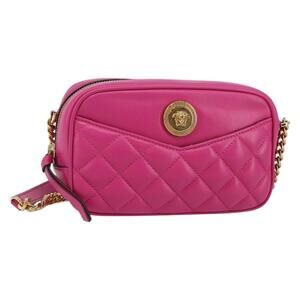 Versace Hot Pink Quilted Leather Crossbody Shoulder Bag with Gold Hardware